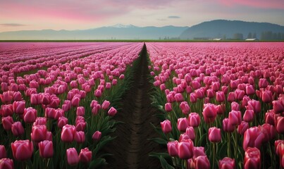  a large field of pink tulips with mountains in the background and a pink sky in the distance with a pink sky and clouds.  generative ai