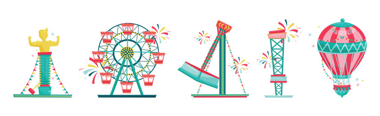 Colorful Amusement Park Funfair Carousels and Attraction Vector Set