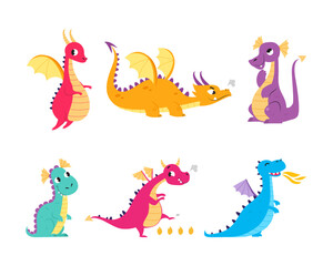 Fire Breathing Baby Dragon with Wings and Tail Vector Set