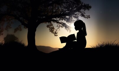 Fototapeta na wymiar a silhouette of a girl sitting under a tree reading a book at sunset or sunrise or sunset, with the moon in the distance, and a tree in the foreground. generative ai