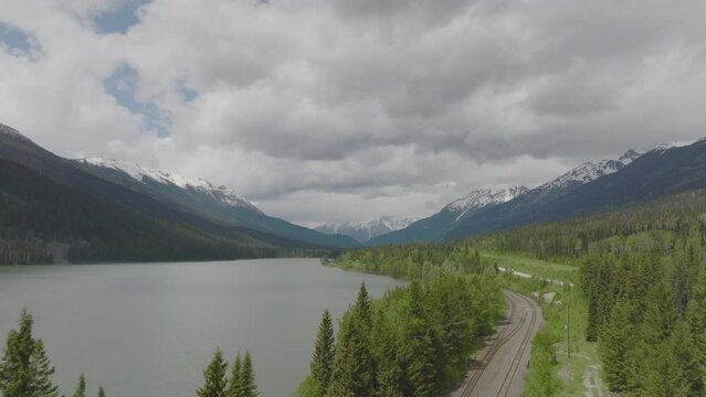Flying over the serene lake in Jasper National Park in Alberta