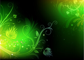 Fototapeta na wymiar Vector illustration of futuristic background made of green shiny floral elements