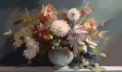  a painting of flowers in a vase on a table with a blue background and a white tablecloth on the tablecloth with the vase on it.  generative ai