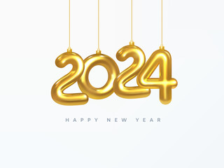 2024 New Year card. Design of Christmas decorations hanging on a gold chain gold number 2024. Happy new year. Realistic 3d. Vector