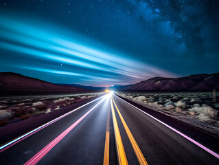 Fototapeta na wymiar Empty highway at night against a dark sky. Road through the desert. Generative Ai