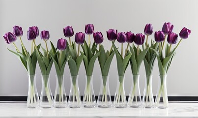  a bunch of purple tulips in a vase on a counter top with a white background and a white wall in the back ground.  generative ai