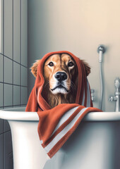 Dog in Bath, Labrador retriever bathing in the bathtub, funny animal, bathroom Interior safari poster, generative ai