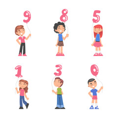 Cute Boy and Girl Holding Number Balloon by the String Vector Set