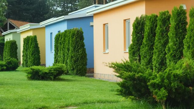 View of four colored small holiday houses, near which a row of thuja trees is planted. Interior concept.