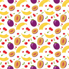 Seamless vector pattern of funny ripe fruit banana, cherry, plum stars in cartoon style on white background. Stylish fashion design for kitchen, wallpaper, scrapbooking. Kids fabric. 