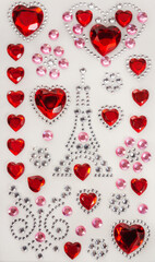Romantic stickers for Valentine's Day: red hearts, Eiffel Tower, pink and silver rhinestones....