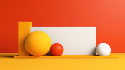 Background 3d render scene with white rectangle, podium, yellow and red ball. Minimal product display mock up scene and geometric shape object. 3d render style. Generative Ai