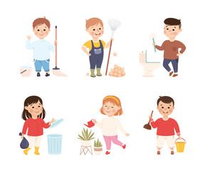 Little Boy and Girl Engaged in Cleanup and Housekeeping Activity Vector Set