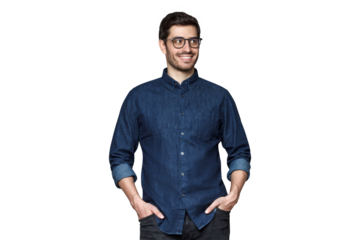 Young handsome man wearing blue denim shirt looking away