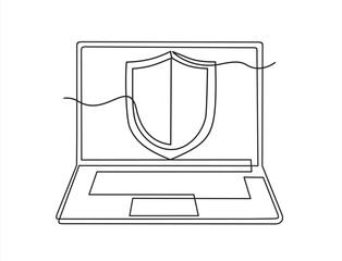 Continuous one line drawing of  guard shield on screen laptop. Can used for logo, emblem, slide show and banner. Illustration with quote template. One line vector illustration. 