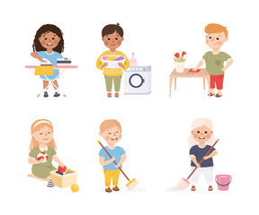 Little Boy and Girl Engaged in Cleanup and Housekeeping Activity Vector Set