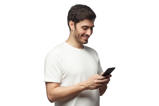 Side portrait of handsome man in t-shirt, looking at phone screen, surfing internet
