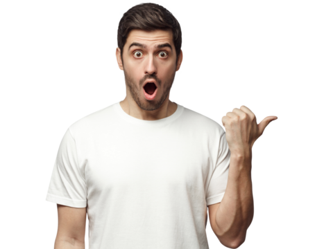 Young surprised man in white t-shirt pointing right with his finger, shouting WOW. Shock content