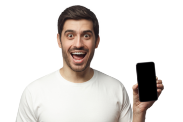 Excited young man holding blank phone with empty black screen, screaming WOW, isolated on gray background