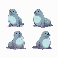 Playful seal illustrations in various poses, perfect for children's books.