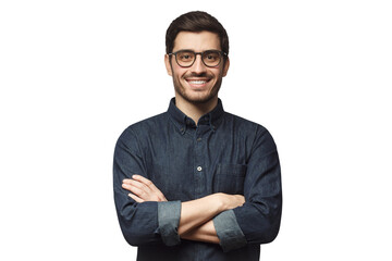 Young man wearing denim shirt standing with crossed arms - Powered by Adobe