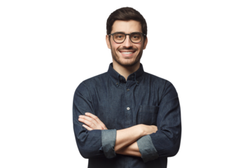 Young man wearing denim shirt standing with crossed arms