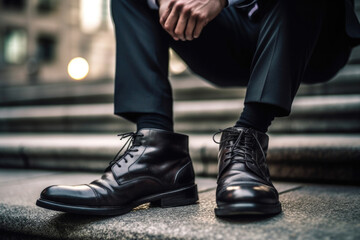 Cropped shot of businessman wearing suit and elegant shoes sitting on sidewalk at city street. Leadership and success concept. Created with Generative AI
