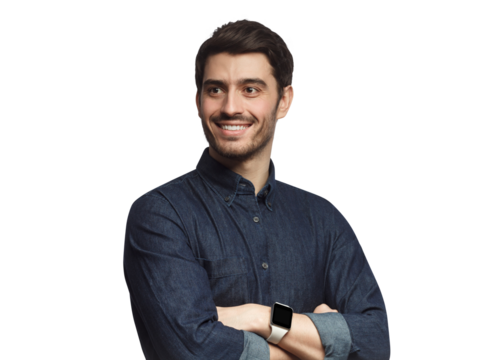 Confident man looking away, standing with crossed arms