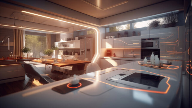 Modern futuristic kitchen interior. High tech style living room. Created with Generative AI
