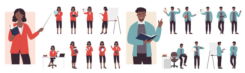 Cartoon isolated male dark skin and female characters standing pointing board with stick, teaching and holding open book and globe on lecture, education process. Teachers poses set vector illustration