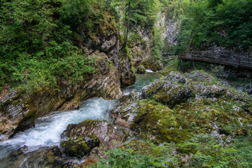 Fototapeta na wymiar Vintgar gorge amazing cayon with river, rocks and nature, wooden foodpaths leads through wild natural reserve