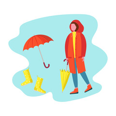 A girl, a young woman in a waterproof raincoat umbrella, umbrella closed. Walk in the park,  city. Raindrops, inclement weather, water. Raincoat with a hood. Vector illustration, background isolated.