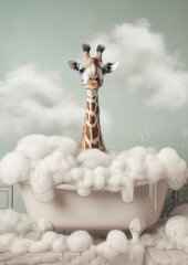 Giraffe in bubble Foam Bath, giraffe bathing in the bathtub, funny animal, bathroom Interior safari poster, generative ai - obrazy, fototapety, plakaty