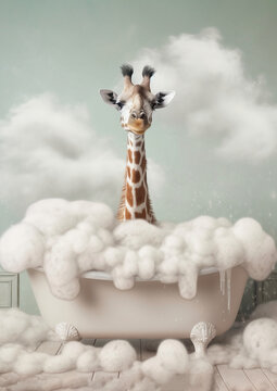 Giraffe in bubble Foam Bath, giraffe bathing in the bathtub, funny animal, bathroom Interior safari poster, generative ai