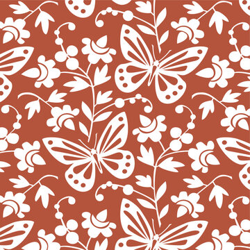 Red and white seamless pattern, butterflies and flowers vector illustration, full scalable vector graphic included Eps v8 and 300 dpi JPG.