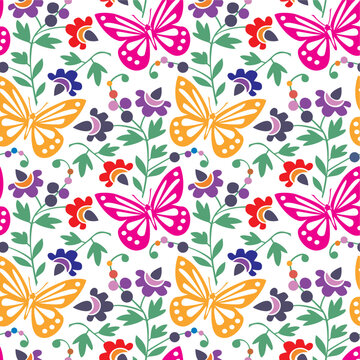 Colorful butterflies and flowers seamless pattern, vector illustration, full scalable vector graphic included Eps v8 and 300 dpi JPG.