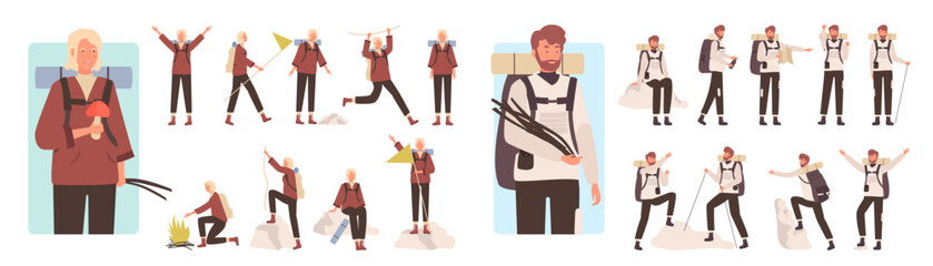 Cartoon man woman separated travelers hiking, camping, kayaking and climbing, young camper characters enjoy tourism adventures together isolated. People tourists poses vector illustration set.