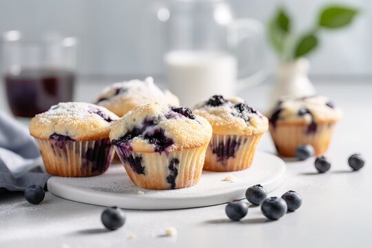 Muffins de Mirtilo em cozinha branca com mirtilos em cima da mesa, arte criada em AI generativa.