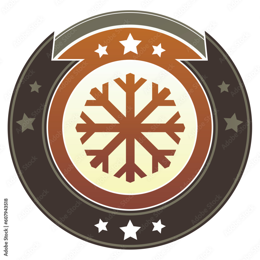 Fototapete snowflake or winter icon on round red and brown imperial vector button with star accents suitable fo