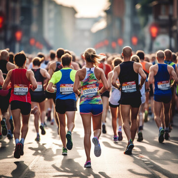 Back view of runners in a marathon. Generative AI.