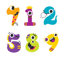 Funny Monsters Colorful Numbers and Cute Fantasy Aliens in the Shape of Numerals Vector Set