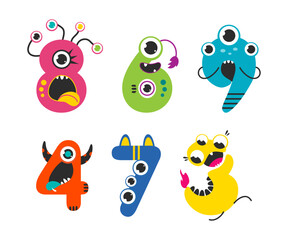 Funny Monsters Colorful Numbers and Cute Fantasy Aliens in the Shape of Numerals Vector Set