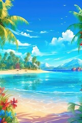 Obraz na płótnie Canvas Digital art of a tropical paradise beach with crystal-clear water. (Illustration, Generative AI)