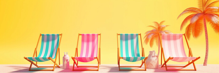 Multicolored beach chairs on a sunny sand beach over yellow background with copy space. Summer relax backdrop. Created with generative Ai