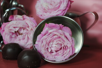 pink rose petals in bowl