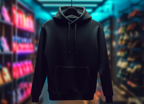black hoodie sweater photo template with front view isolated on clothing store room background with neon light effect, genetive ai