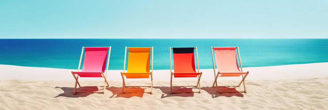 Multicolored beach chairs on a sunny sand beach and blue sky. Summer relax background. Created with generative Ai