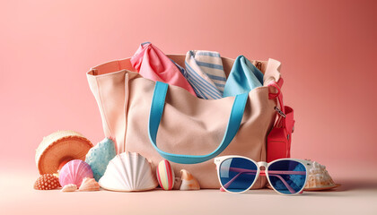 Fototapeta na wymiar Peach lady beach bag with blue handles, sunglasses, shells and beach accessories isolated over soft pink background. Created with generative Ai