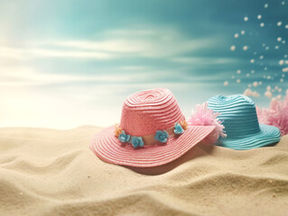 Fototapeta na wymiar Pink and blue kids straw hats on the sand over blue sky. Children beach holiday concept background. Created with generative Ai