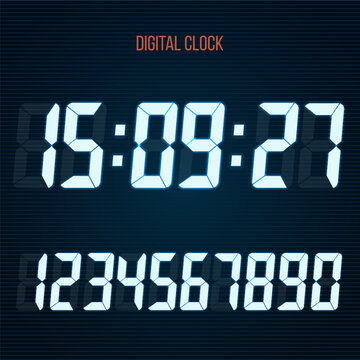 Digital Clock With Lcd Display. LCD Numbers For A Electronic Devices. Glowing Numbers. Vector Illustration.